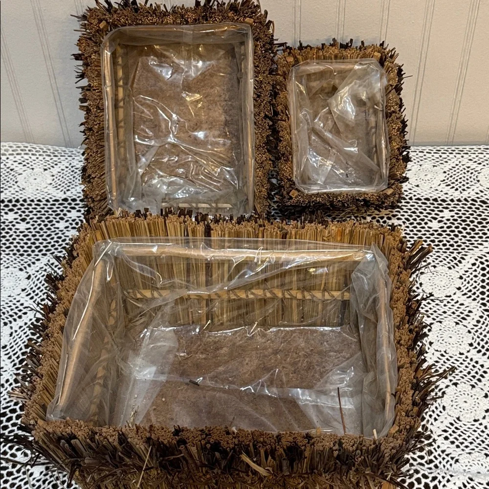 Set Of 3 Nesting Planters Baskets Straw Grass With Liner